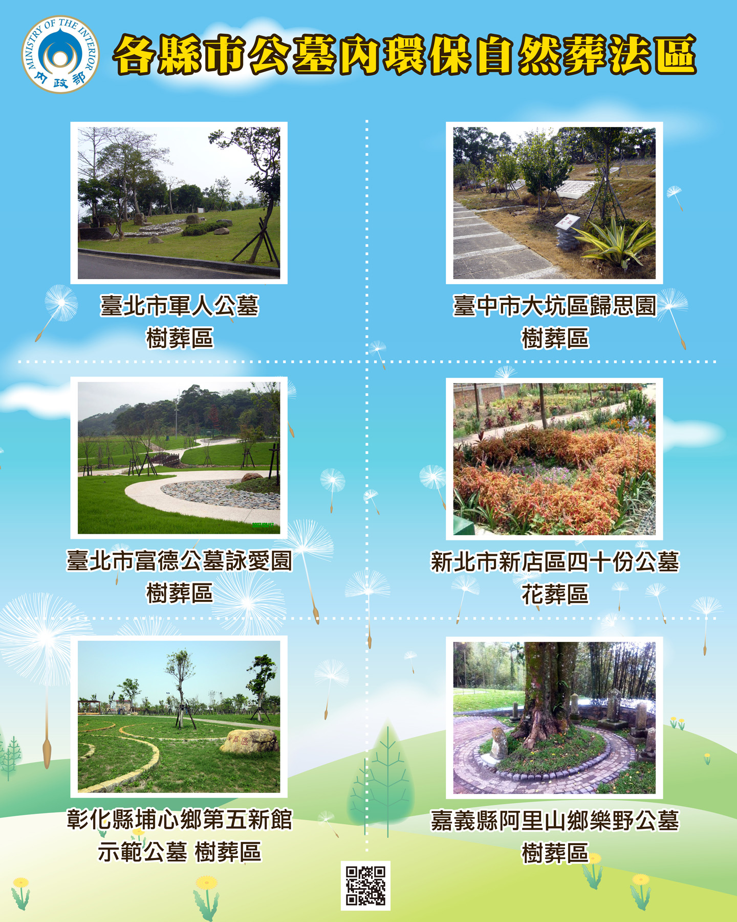 各縣市公墓內環保自然葬法區:臺北市軍人公墓樹葬區、臺中市大坑區歸思園樹葬區、臺北市富德公墓詠愛園樹葬區、新北市新店區四十份公墓花葬區、彰化縣埔心鄉第五新館示範公墓樹葬區、嘉義縣阿里山鄉樂野公墓樹葬區